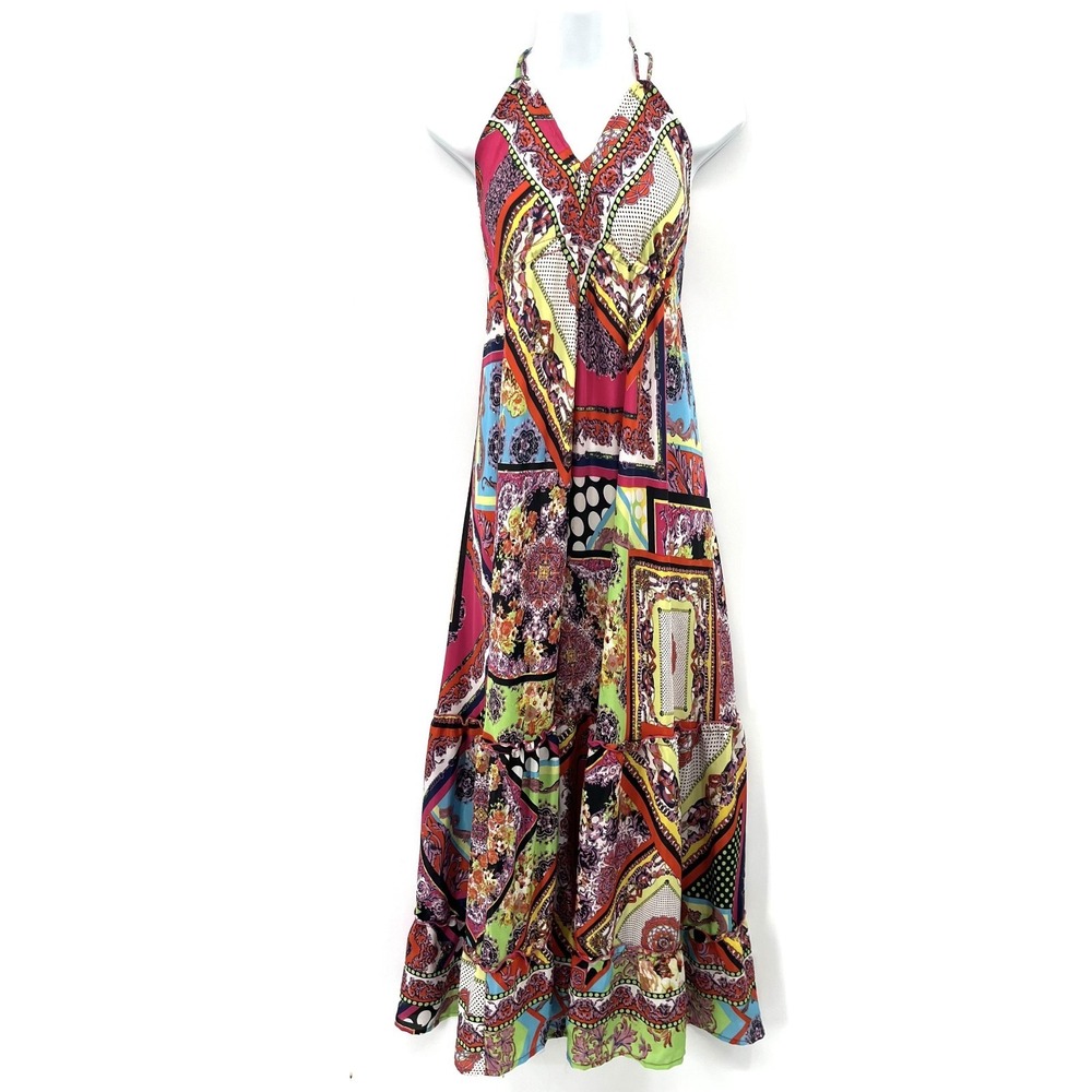retro halter maxi dress y2k wild loud tiered open back patchwork S